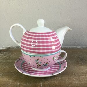 Burton and Burton Caprise Gingham Cottagecore Feminine Tea Pot Cup + Saucer Set